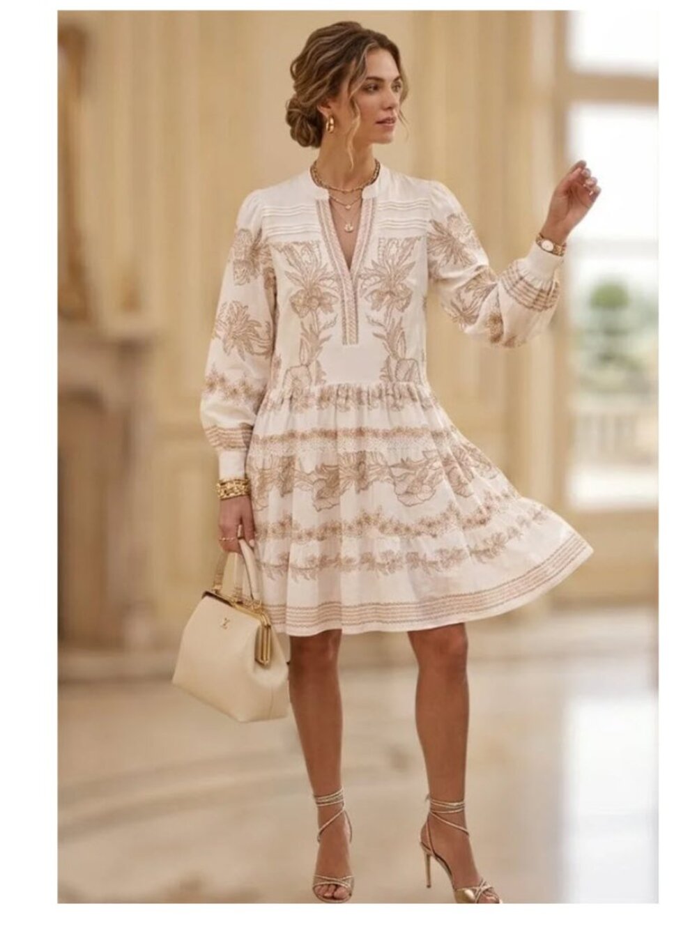 Hale Bob Janina Gold Embroidered Tiered Dress Sz S